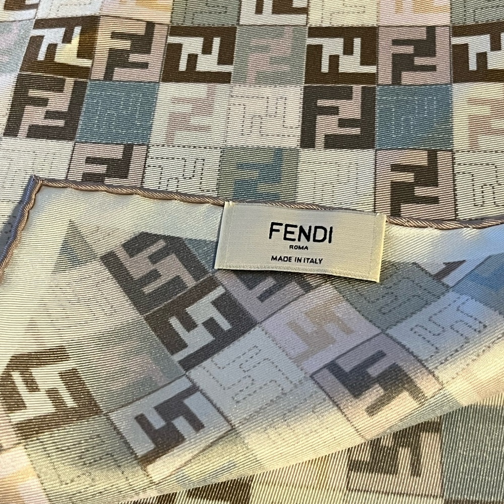 Fendi Beige and Blue Logo Pattern Scarf